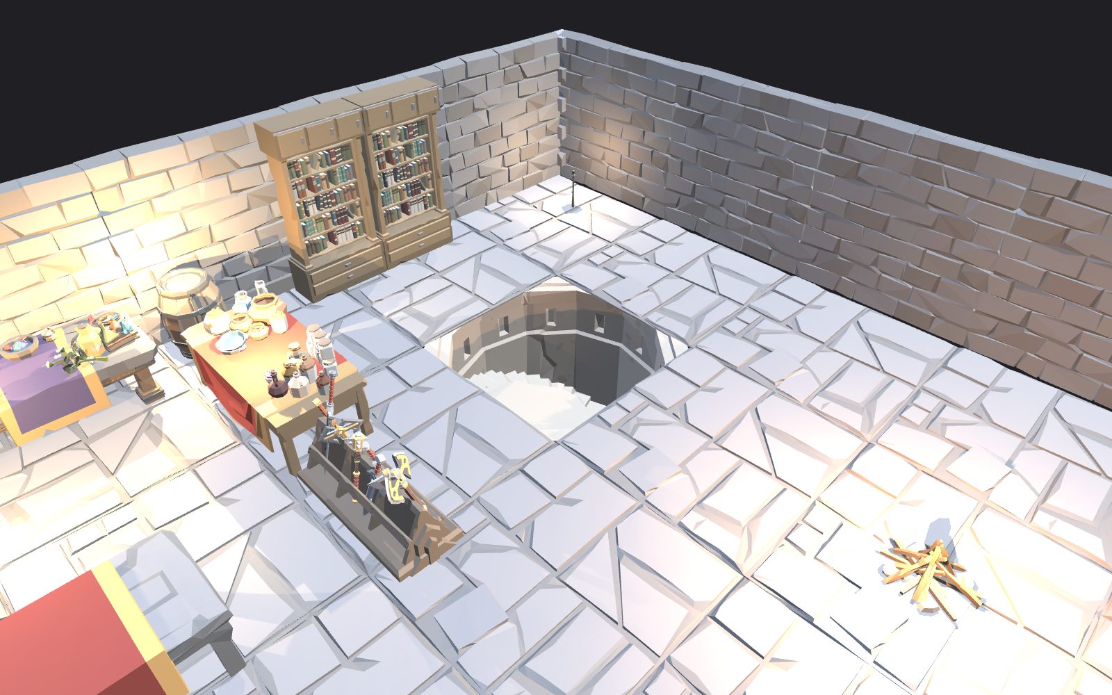 The starting camp with a merchant's stall and the stairs leading down